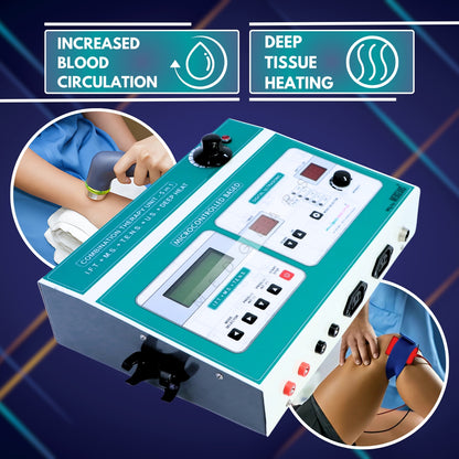 Electrotherapy device with controls and display, used for increased blood circulation and deep tissue heating.