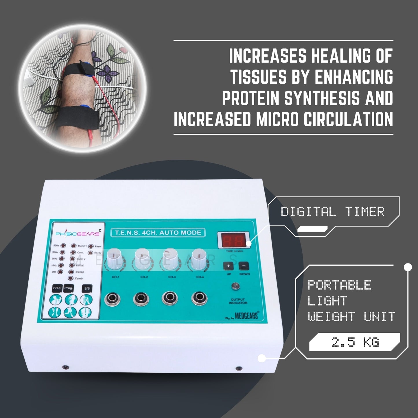 Electrotherapy device with digital timer and text about its benefits on a dark background