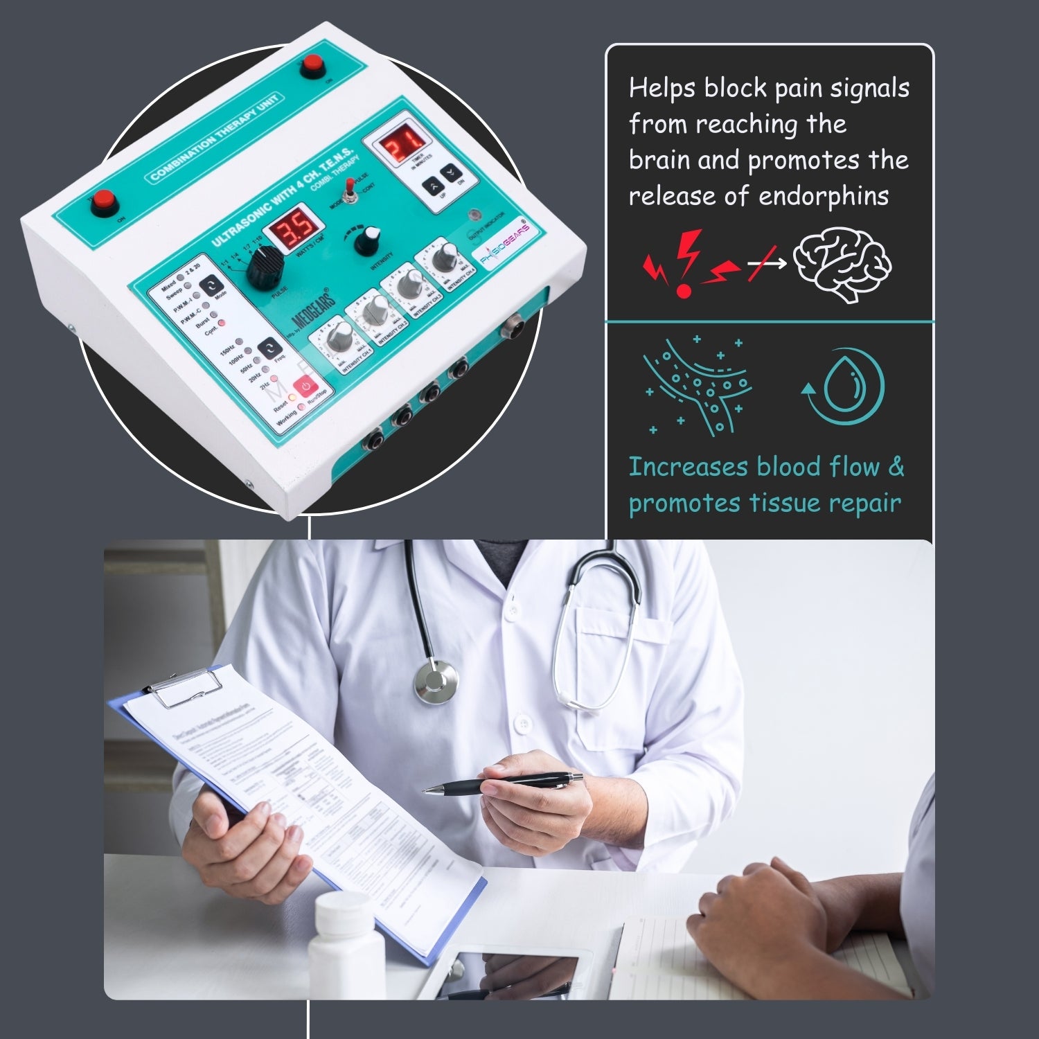 Pain management device with medical professional and patient interaction, highlighting benefits.