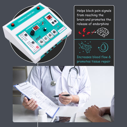 Pain management device with medical professional and patient interaction, highlighting benefits.