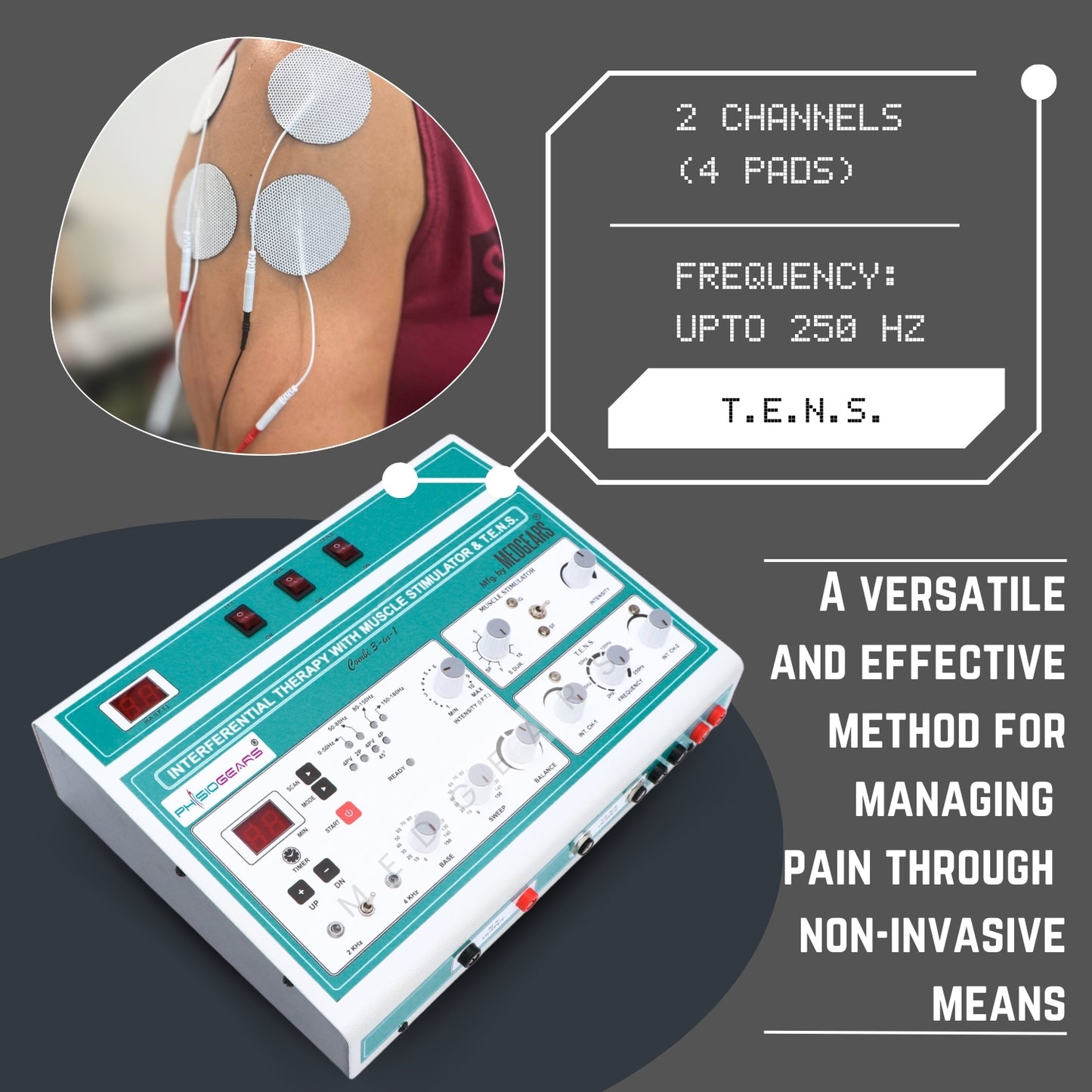 3 IN 1 MANUAL Interferential Therapy + Muscle Stimulator +  Transcutaneous Electrical Nerve Stimulation (Self Adhesive Pad)
