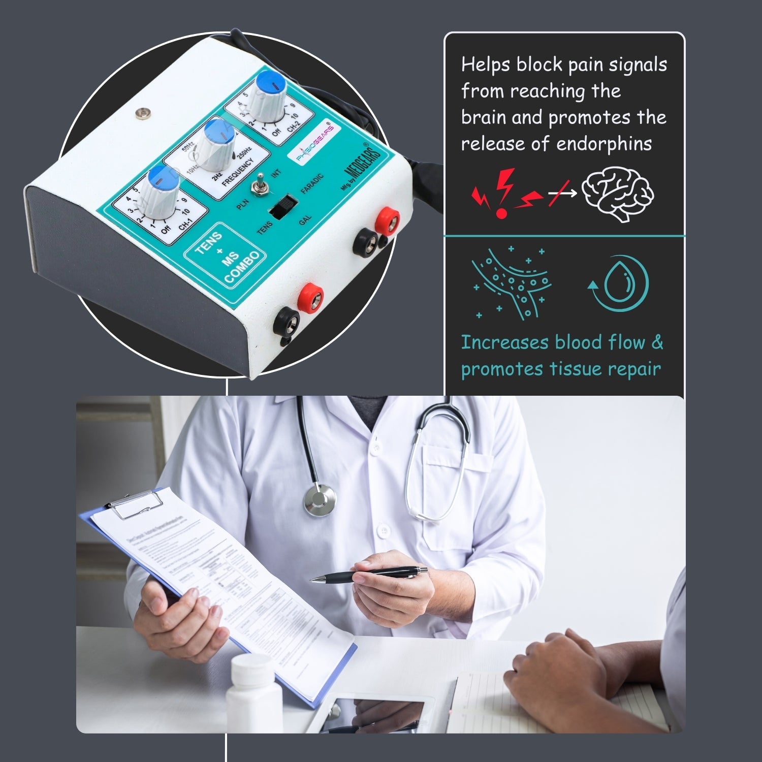 Medical device with text about pain management and a doctor taking notes.