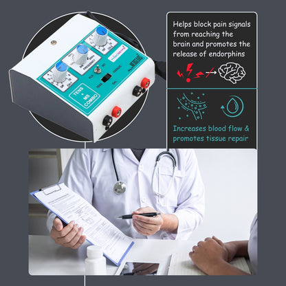 Medical device with text about pain management and a doctor taking notes.