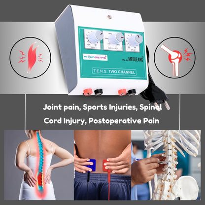 TENS machine with applications for joint pain, sports injuries, spinal cord injury, and postoperative pain on a gray background.