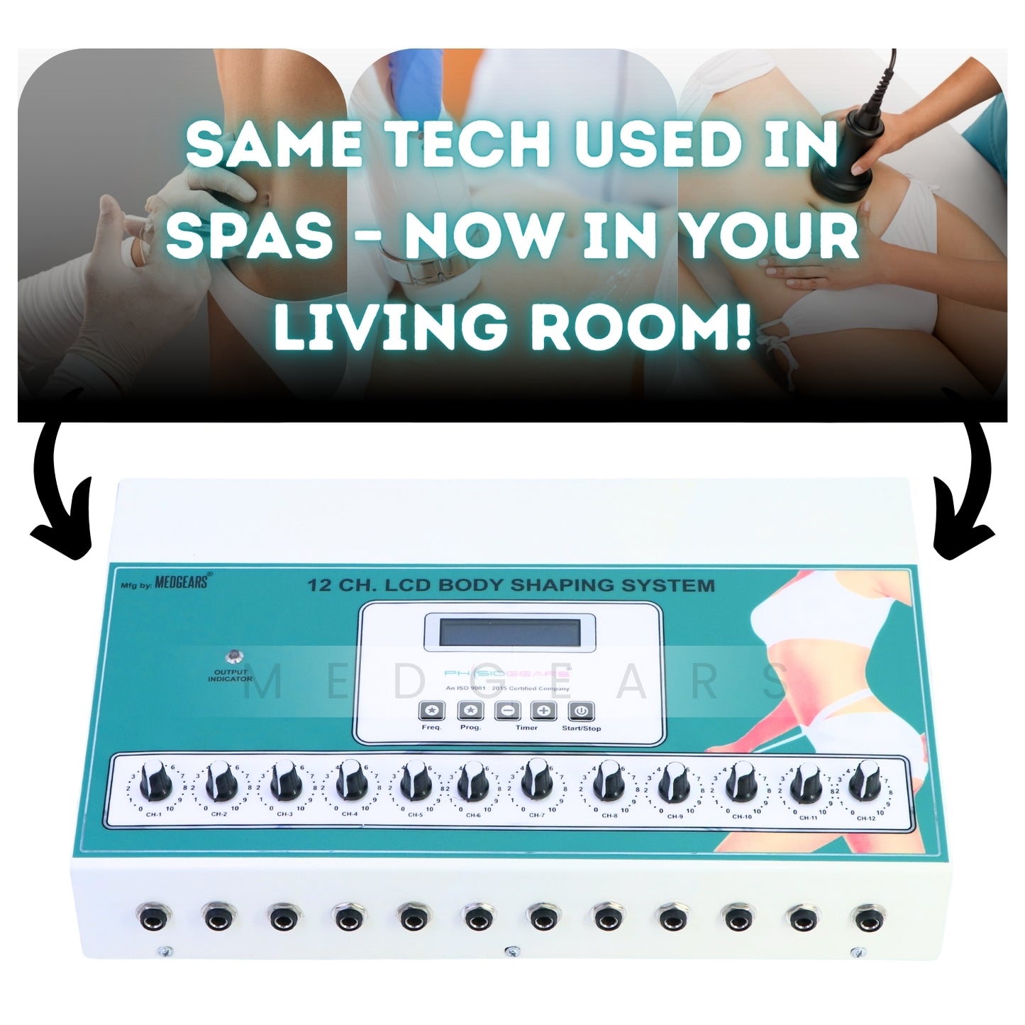 Body shaping system with text 'Same tech used in spas - now in your living room!' and images of people using the device.