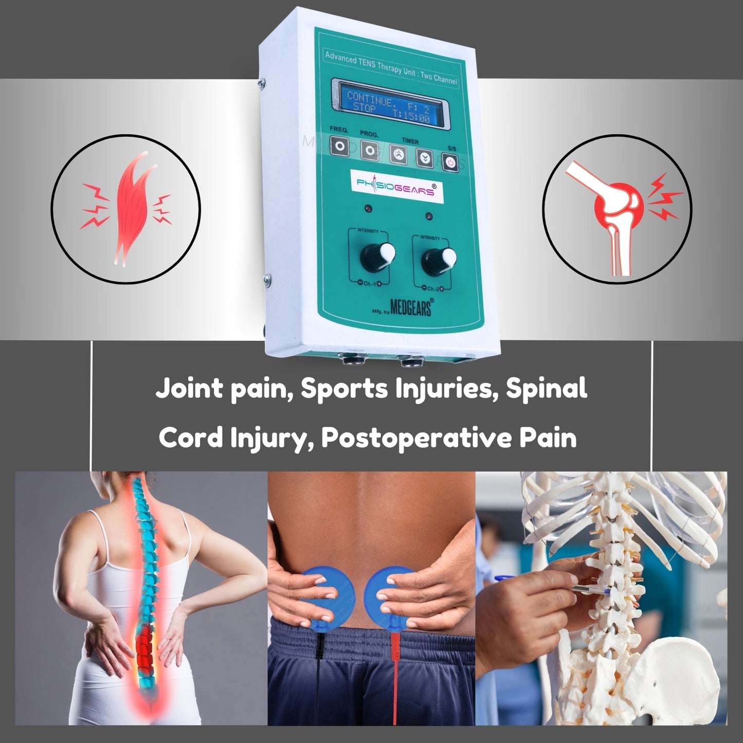 Electrotherapy device for pain management with illustrations of joint and spinal issues.