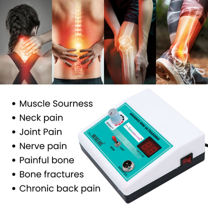 Pain relief device with symptoms listed below it on a white background