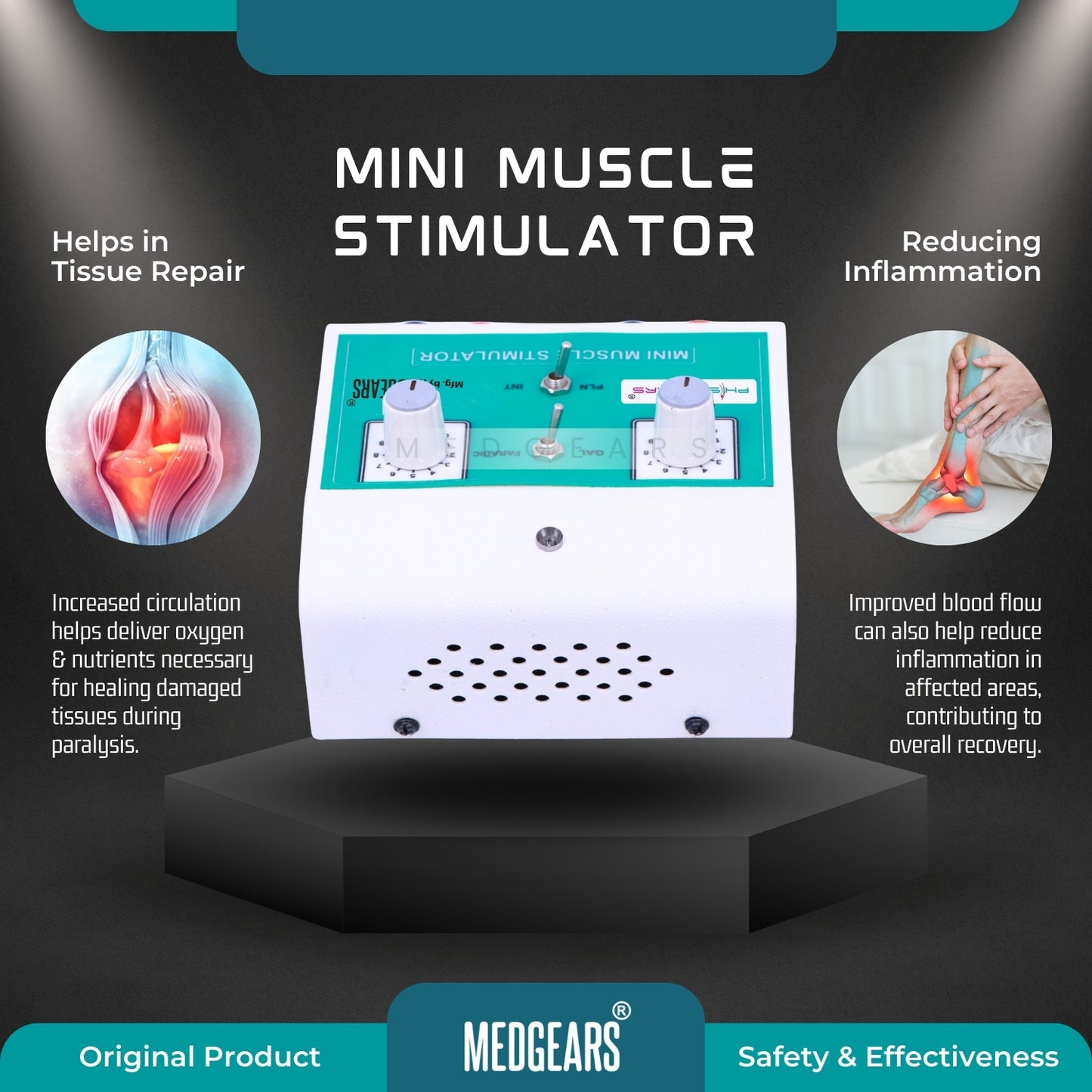 Mini muscle stimulator device with text on tissue repair and inflammation reduction, branded as Physiogears.