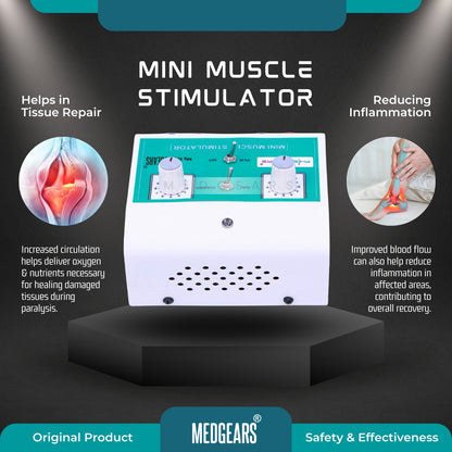 Mini muscle stimulator device with text on tissue repair and inflammation reduction, branded as Physiogears.