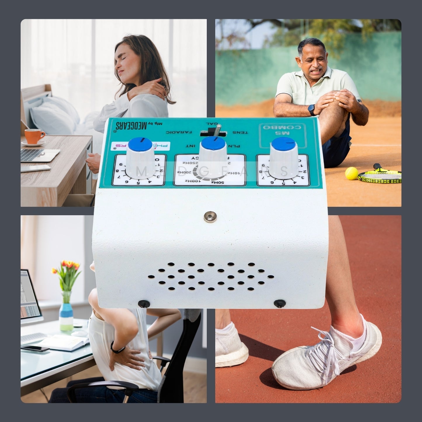 Collage of a person using a device with various scenes including a desk, tennis court, and office.