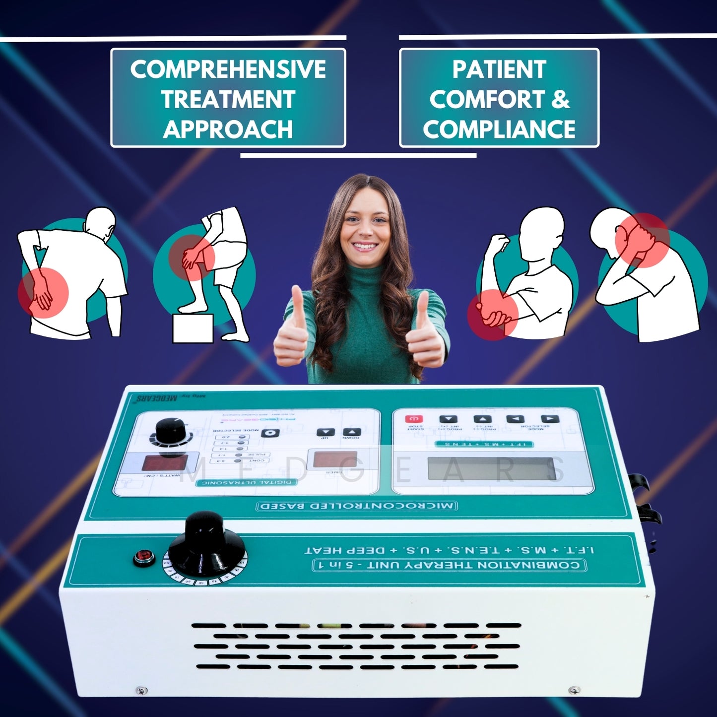 Medical device with text about treatment approach and patient comfort on a blue background