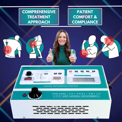 Medical device with text about treatment approach and patient comfort on a blue background