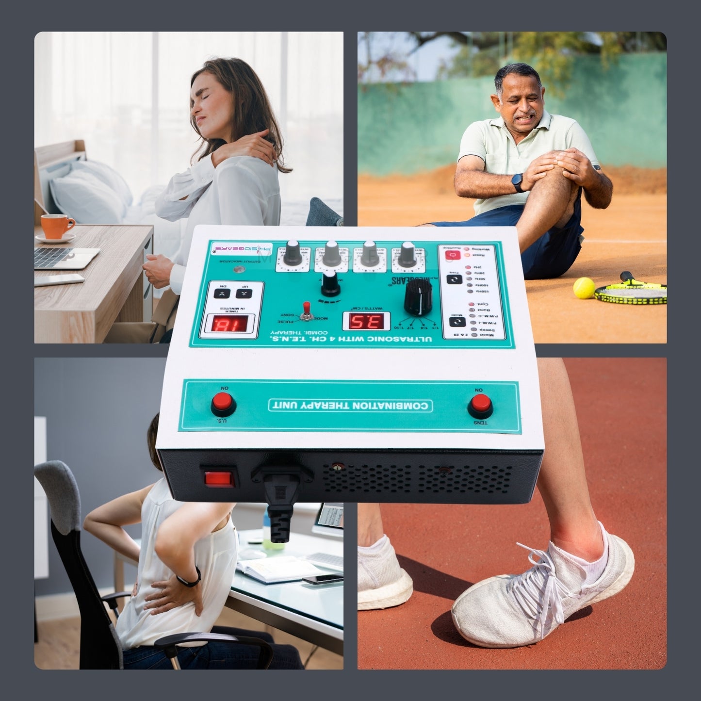 Collage of a person using a laptop, another sitting on a bench, a third person sitting on a chair with discomfort, and a power adapter in the center.