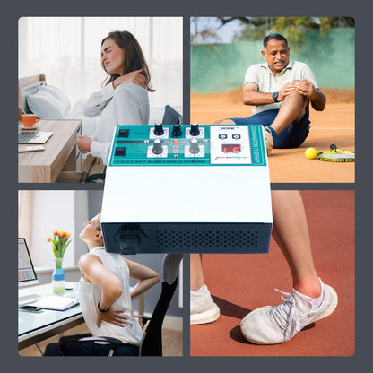 Collage of a person using a device with a screen, another person sitting on a bench, a child with a toy, and a person with a watch.