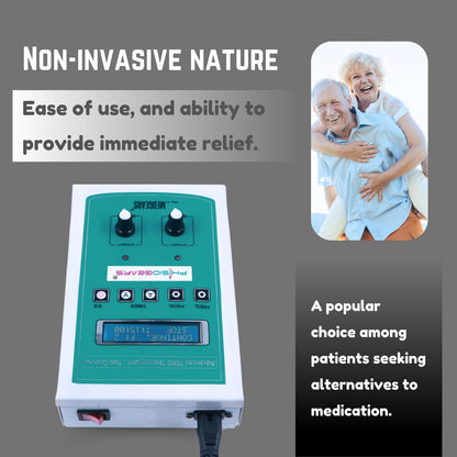 Medical device with text about non-invasive nature and ease of use on a gray background