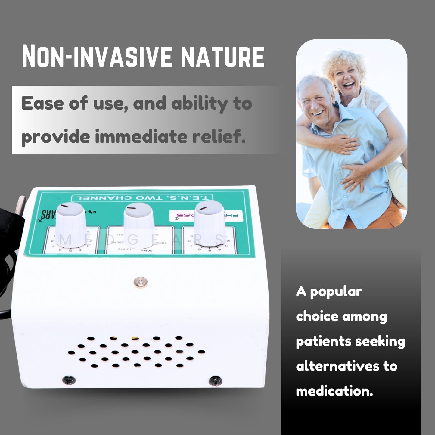 Medical device with text about non-invasive nature and ease of use