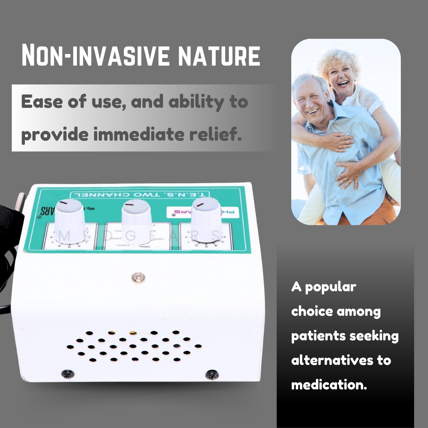 Medical device with text about non-invasive nature and ease of use