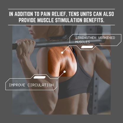 Person lifting weights with text about tens units benefits on a gray background