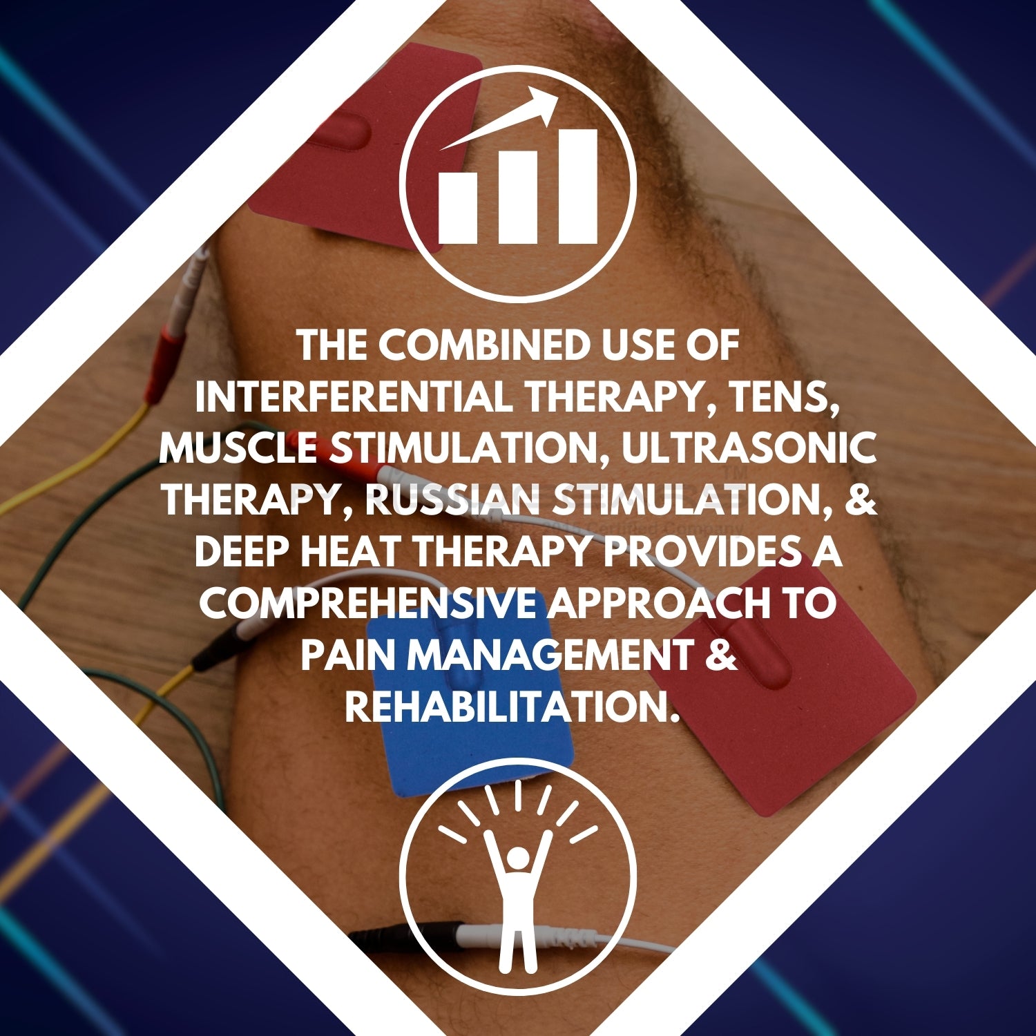 Text about combined therapy methods for pain management and rehabilitation on a wooden surface with medical equipment.