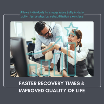 Person receiving physical therapy from a therapist in an office setting with text about recovery times and quality of life.